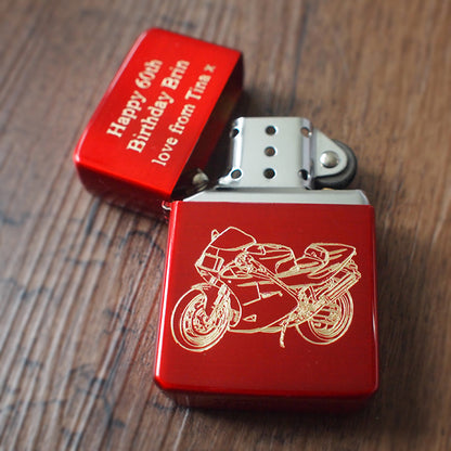 Duca 888 Motorcycle Engraved on Red Fuel Lighter with Additional Birthday Message engraved on the Lid | Giftware Engraved