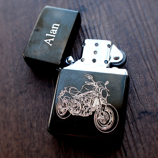 Duca Monster Motorcycle Engraved on Black Lighter with Alan engraved on the Lid | Giftware Engraved