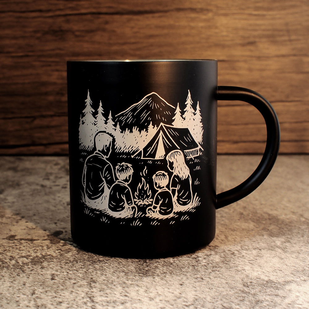 Black Camping mug with Camping Scene Engraved