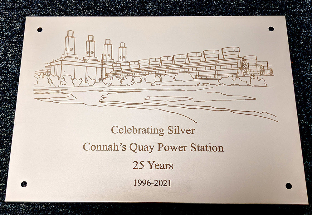Plaque celebrating 25 years of Connah's Quay Power Station with a line drawing of the station.