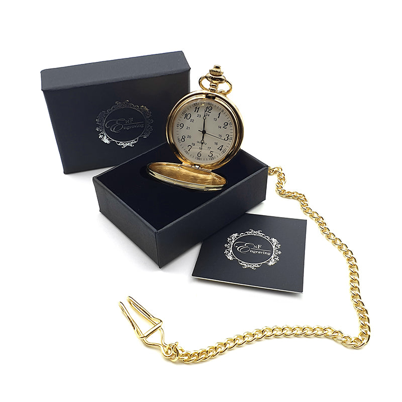 Gold Hunter Pocket Watch with Arabic Face open in Gift Box with Chain and leaflet