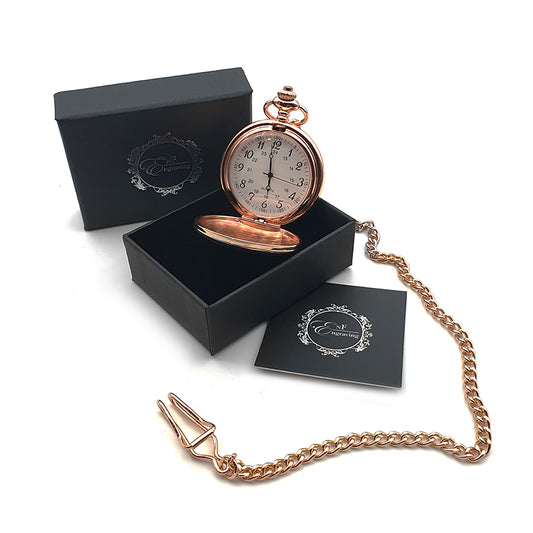 Rose Gold Hunter Pocket Watch with Arabic Face open in Gift Box with Chain and leaflet