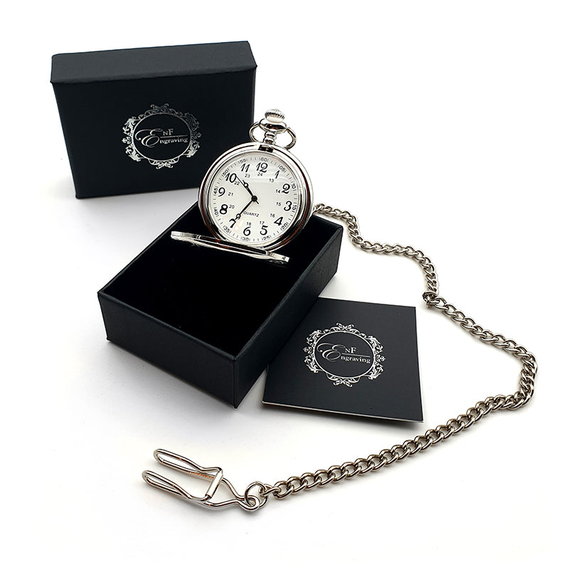 Silver Hunter Pocket Watch with Arabic Face open in Gift Box with Chain and leaflet
