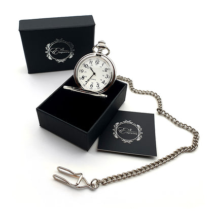 Silver Hunter Pocket Watch with Arabic Face open in Gift Box with Chain and leaflet