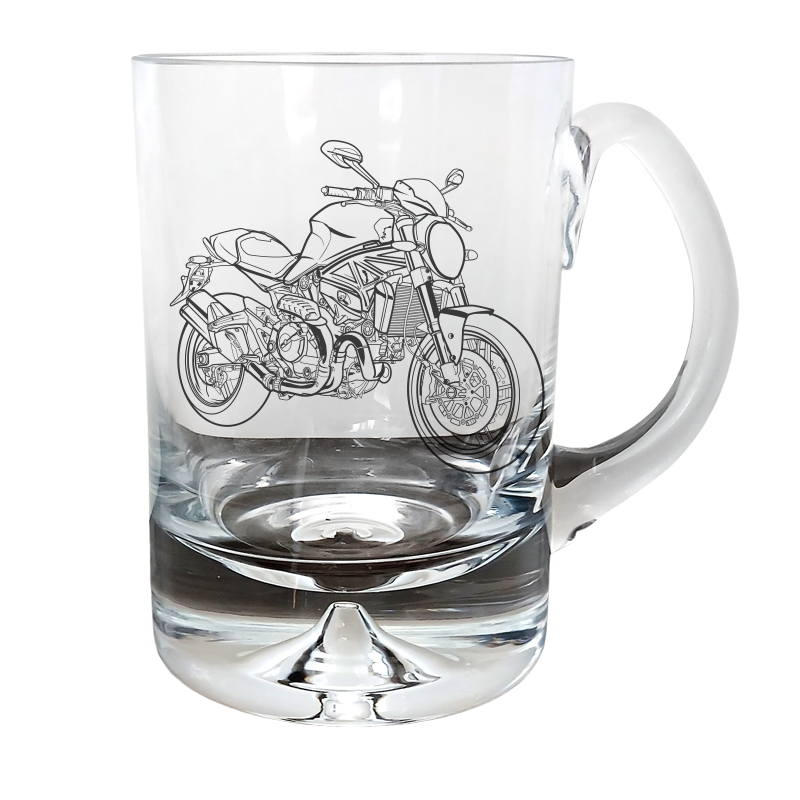 duc Monster Motorcycle glass tankard – digital engraving mockup / engraving preview