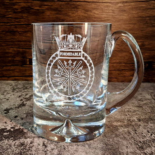 Dimple hand made glass tankard engraved with Formidable ship navy crest