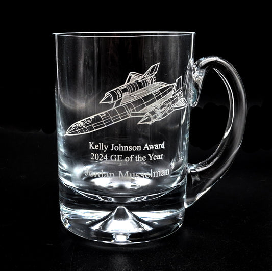 Dimple base glass tankard with SR71 Blackbird aircraft engraved with additional personalisation