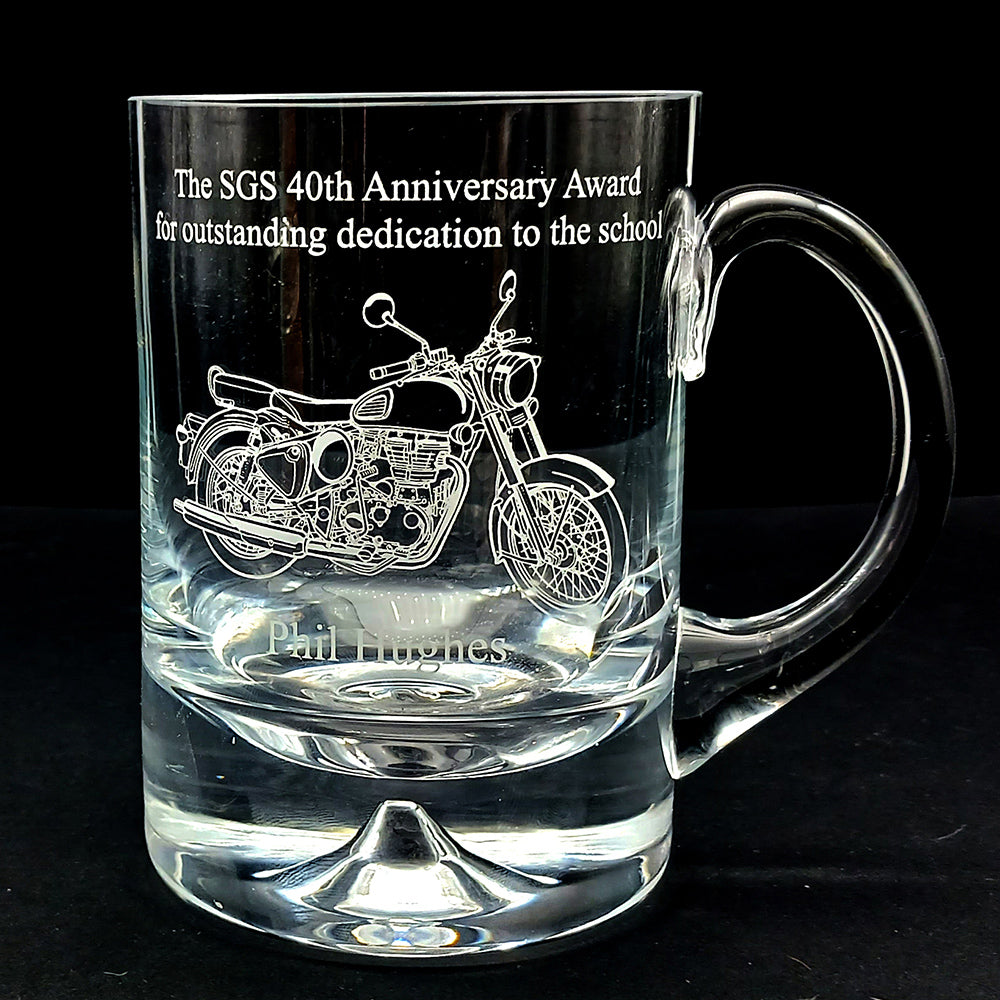 Dimple base Glass tankard with Classic 500 motorcycle engraved with personalised message.