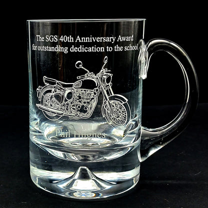 Dimple base Glass tankard with Classic 500 motorcycle engraved with personalised message.