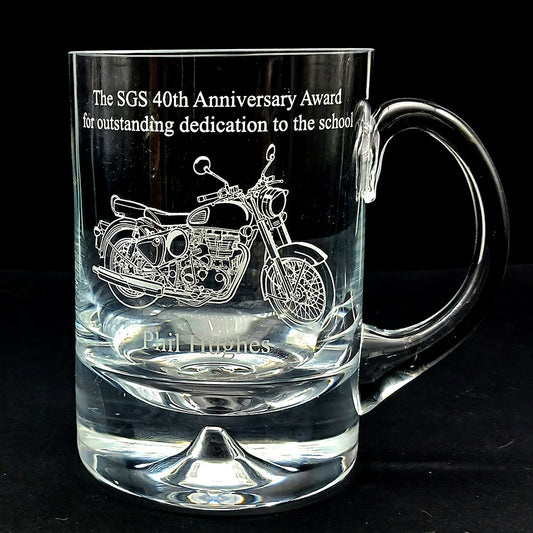 Dimple base Glass tankard with Classic 500 motorcycle engraved with personalised message.