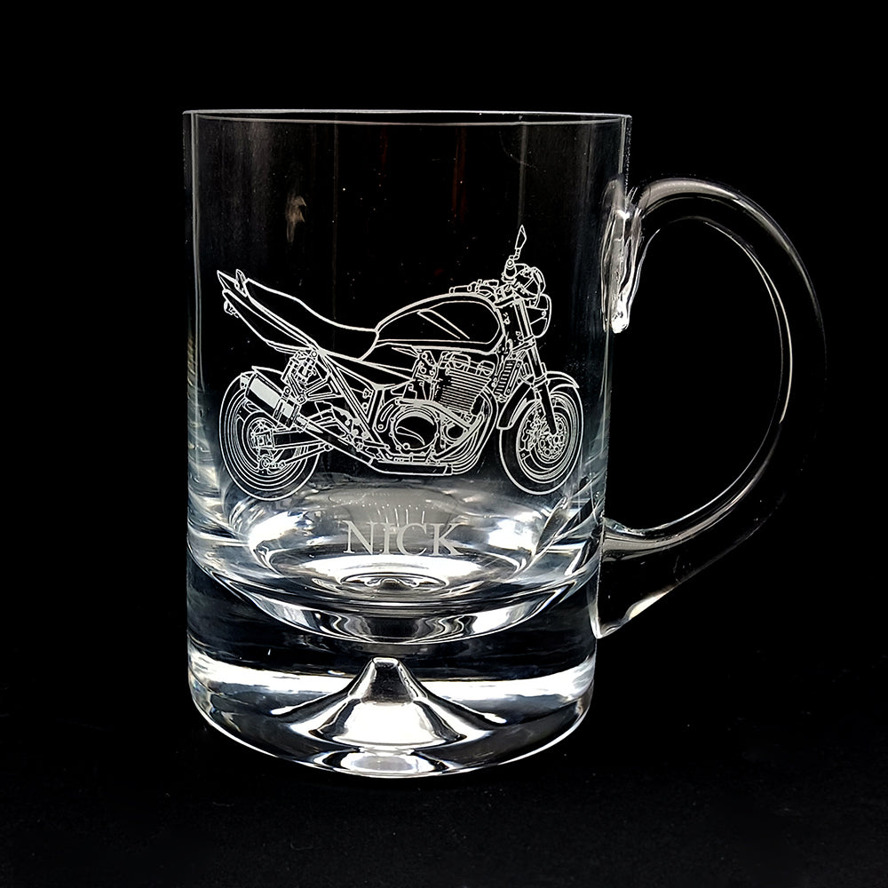 dimple base glass tankard engraved with our GSX motorcycle artwork