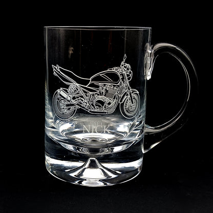 dimple base glass tankard engraved with our GSX motorcycle artwork