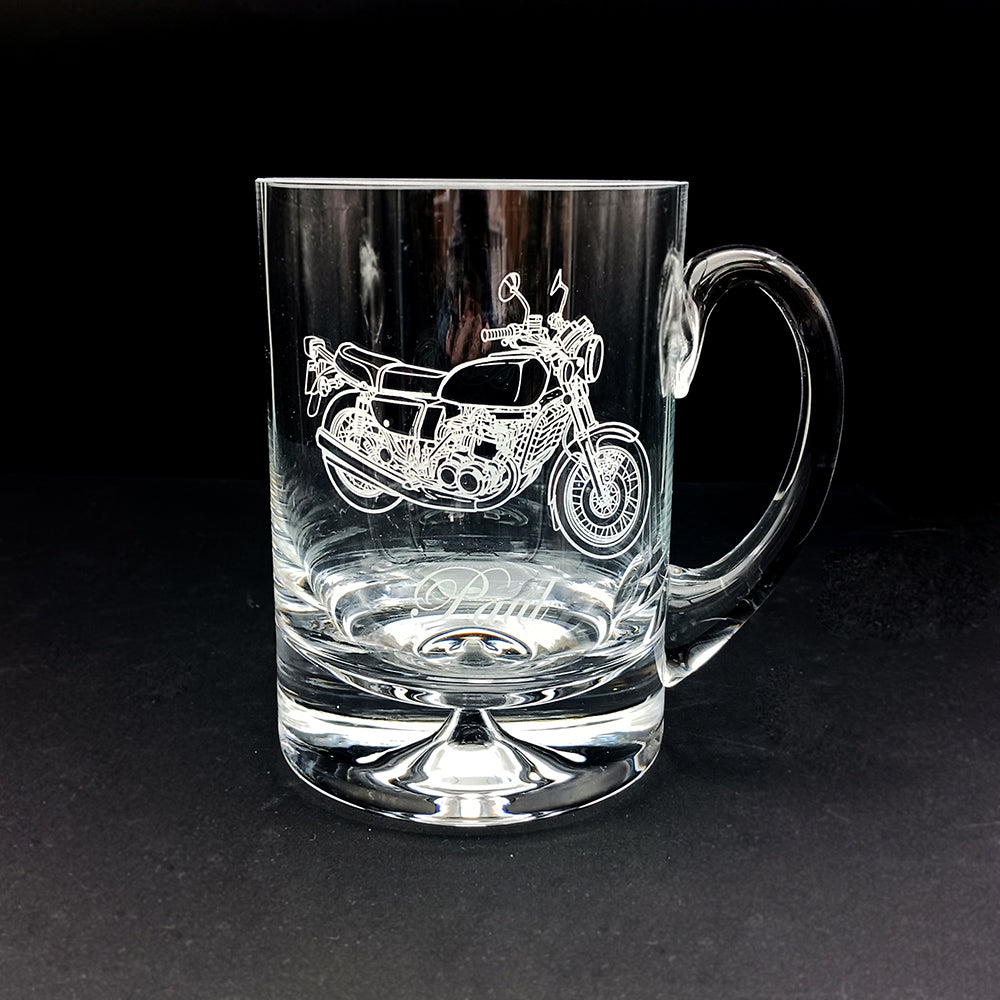 simple base glass tankard engraved with our GT 750 motorcycle artwork and the name 'Paul'