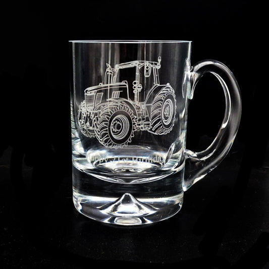 Hand made dimple base glass tankard engraved with our Tractor artwork.