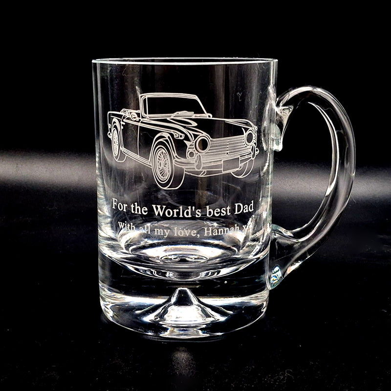 Dimple base glass tankard engraved with our classic tr250 car artwork and 'for the worlds best dad' below.