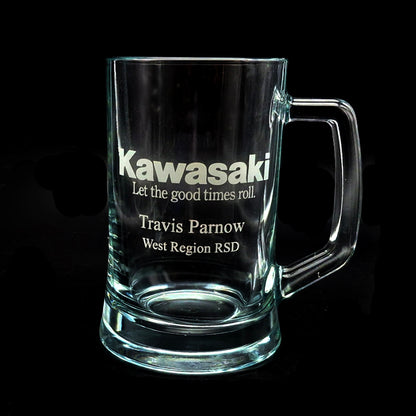 Engraved Glass Tankard with Text engraved on a black background