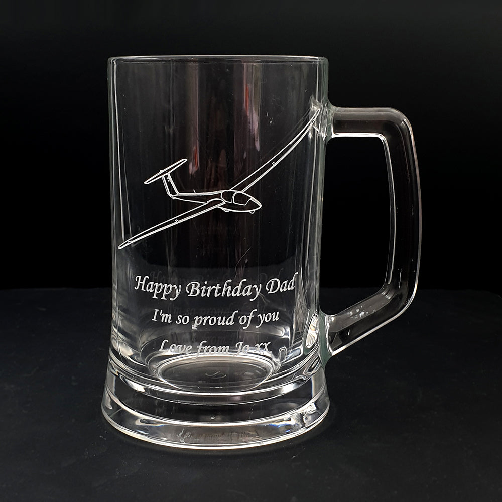 Everyday birthday glass tankard engraved with our ASK 21 glider artwork.