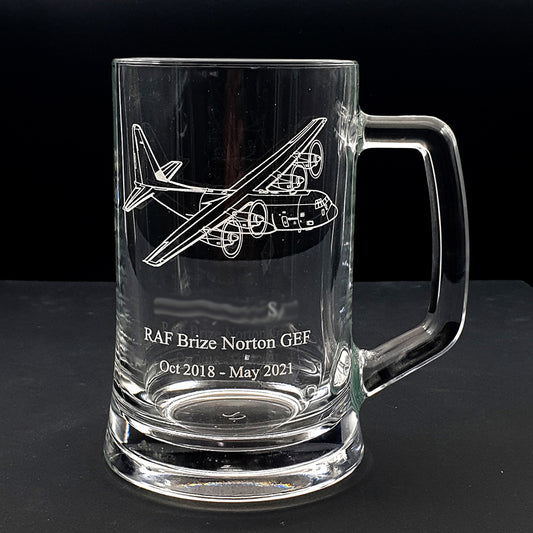 Glass Tankard engraved with our C130 Hercules aircraft artwork and personalised message below.