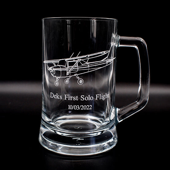 Cessna 152 aircraft engraved on first solo flight trophy tankard.