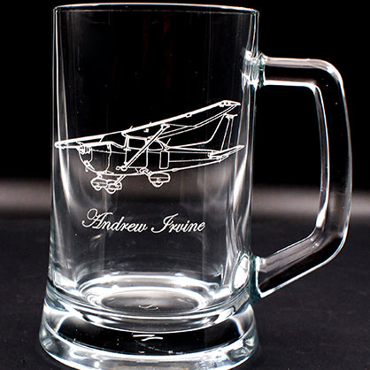 Cessna 172 artwork engraved on glass mug with Andrew Irvine engraved in Edwardian script font below.