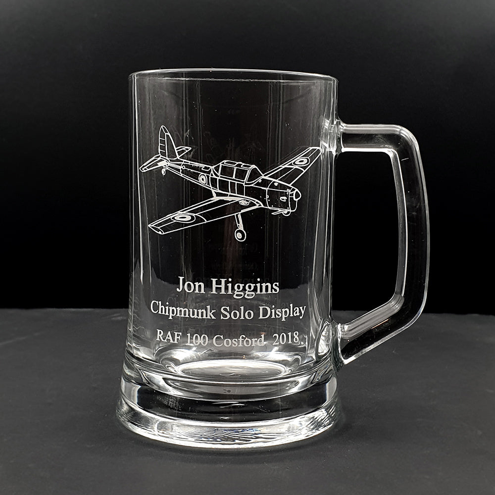 Glass mug engraved with Vintage Chipmunk aircraft with personalised text.