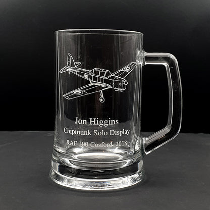 Glass mug engraved with Vintage Chipmunk aircraft with personalised text.