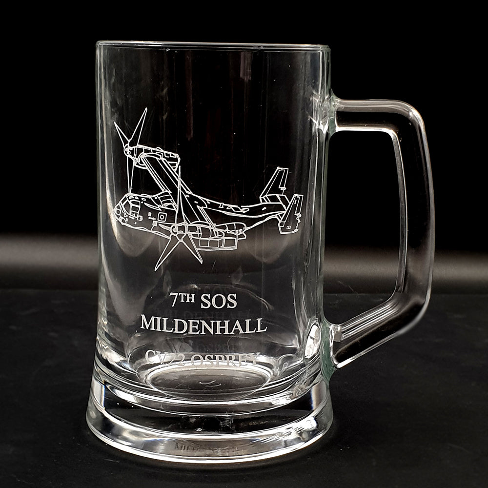 V22 Osprey Aircraft artwork engraved on Glass drinks mug.