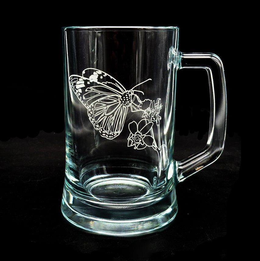 Butterfly and Plant artwork engraved on Glass mug.