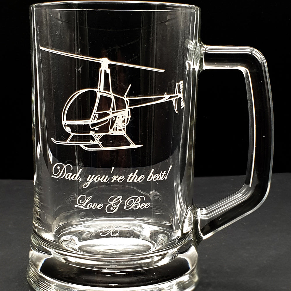 Personalised Robinson R22 Helicopter Glass Tankard with Engraved text to Dad.