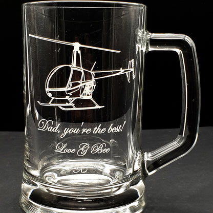 Personalised Robinson R22 Helicopter Glass Tankard with Engraved text to Dad.
