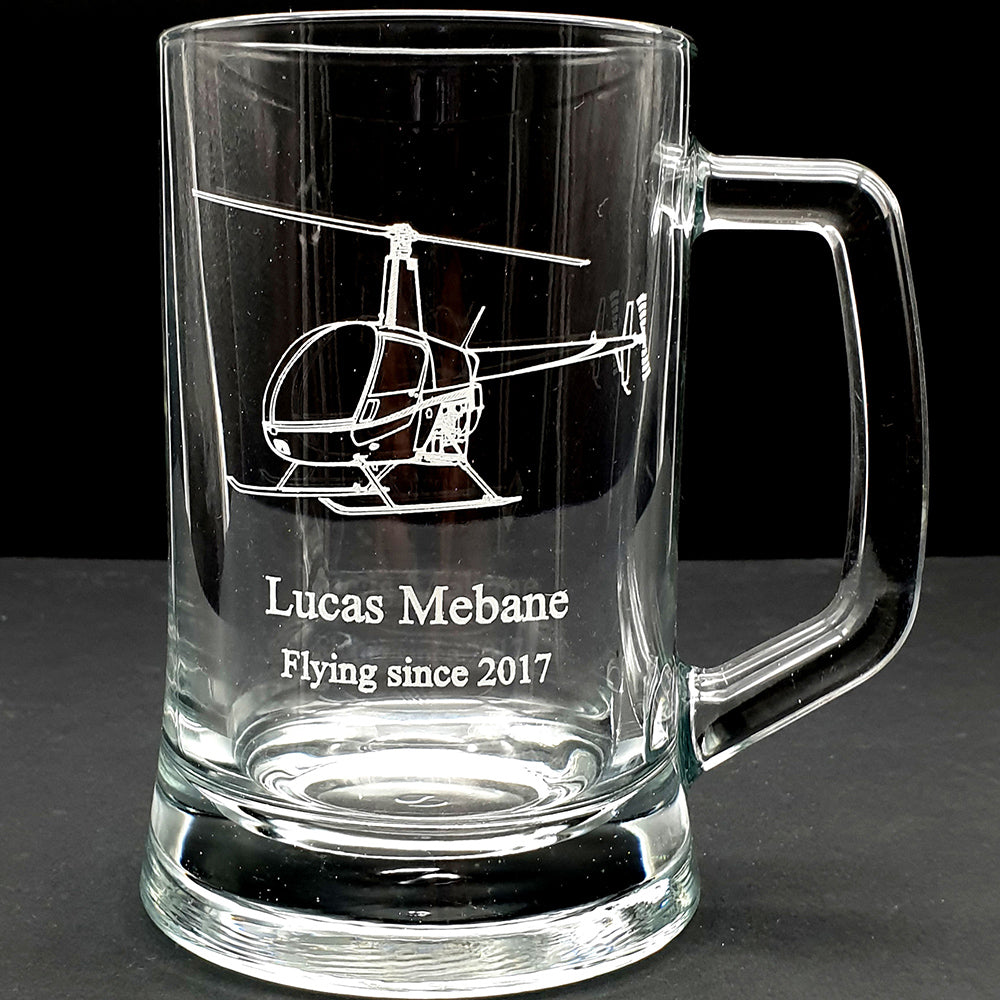 Our Robinson R22 Helicopter engraved tankard on our everyday glass tankard