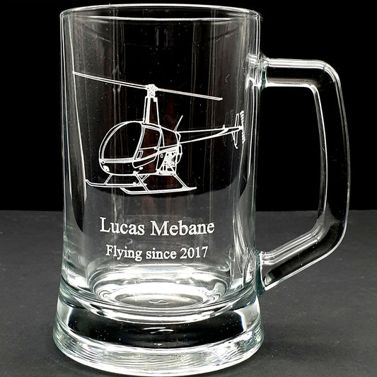 Our Robinson R22 Helicopter engraved tankard on our everyday glass tankard