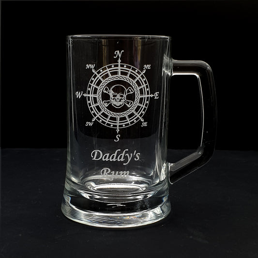 Clear glass mug with pirate-themed design and 'Daddy's Rum' text on a black background