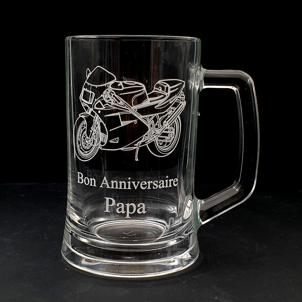 888 motorcycle artwork engraved on a our Glass everyday tankard