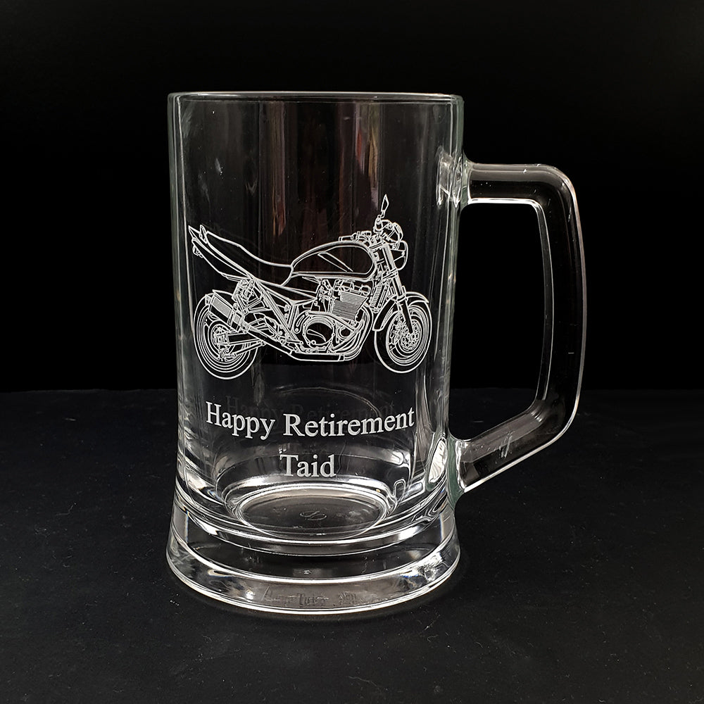 GSX motorcycle artwork engraved on a Retirement Glass tankard