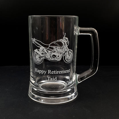 GSX motorcycle artwork engraved on a Retirement Glass tankard