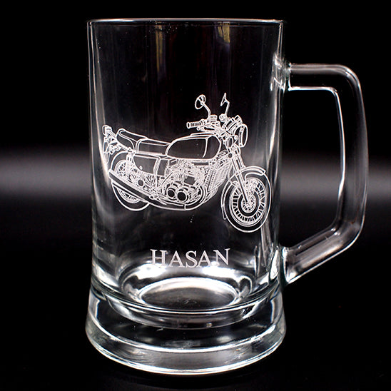 Glass mug with GT 750 motorcycle engraving and 'HASAN' engraved below