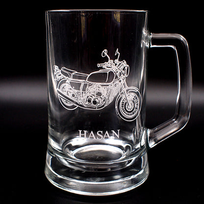 Glass mug with GT 750 motorcycle engraving and 'HASAN' engraved below
