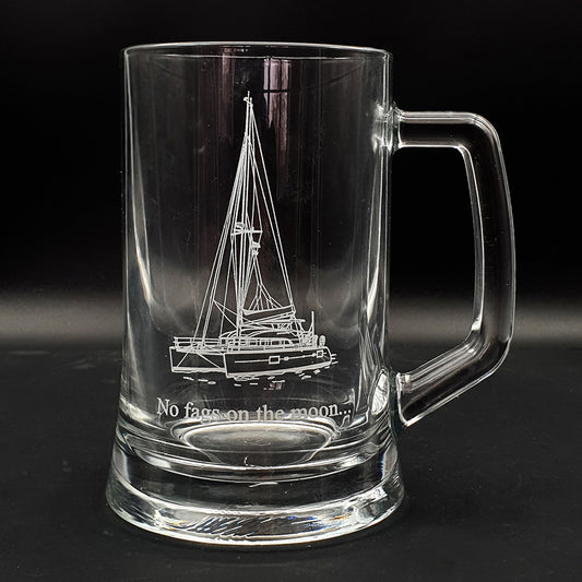Our Catamaran artwork engraved on a Glass Tankard with additional personalisation