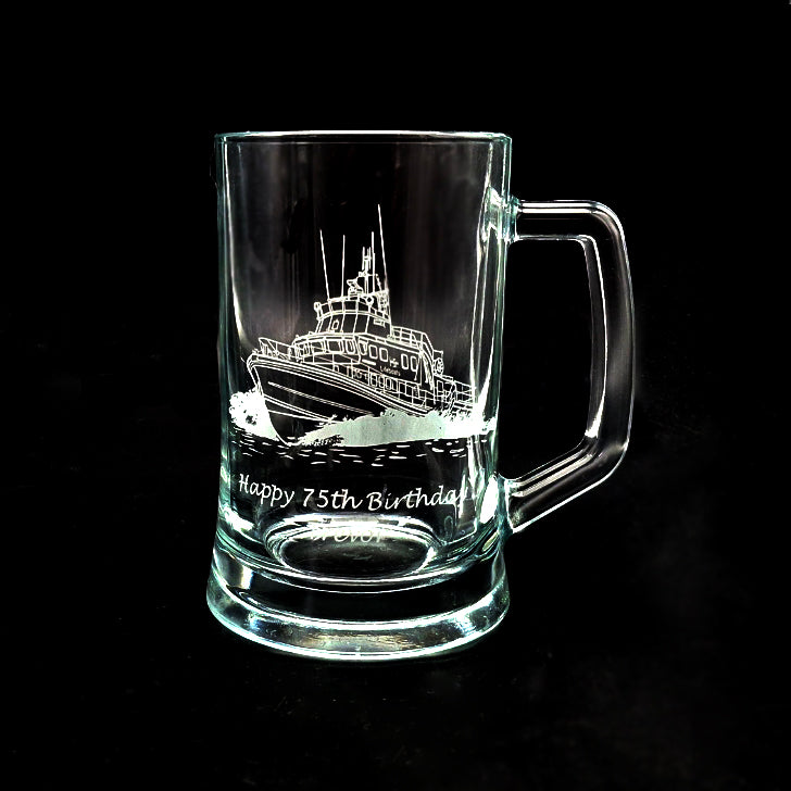 Glass Birthday Tankard  engraved with our Lifeboat artwork
