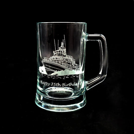 Glass Birthday Tankard  engraved with our Lifeboat artwork