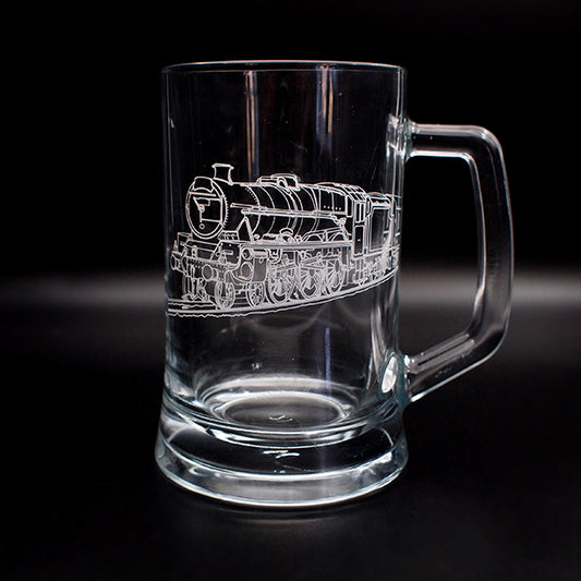 Steam train locomotive artwork engraved on Glass Tankard