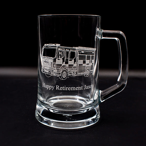 Glass retirement tankard with fire engine truck