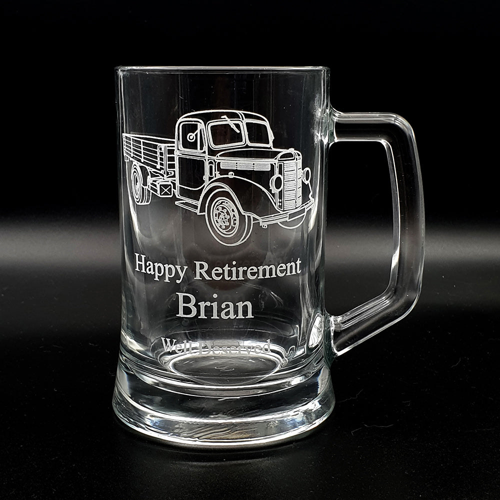 Happy Retirement Tankard with Vintage Bedford truck artwork engraved