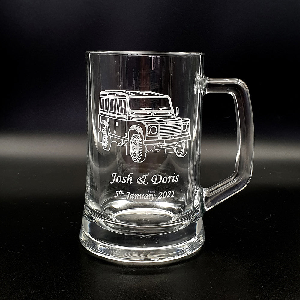 glass mug with engraved Land Rover design and personalisation