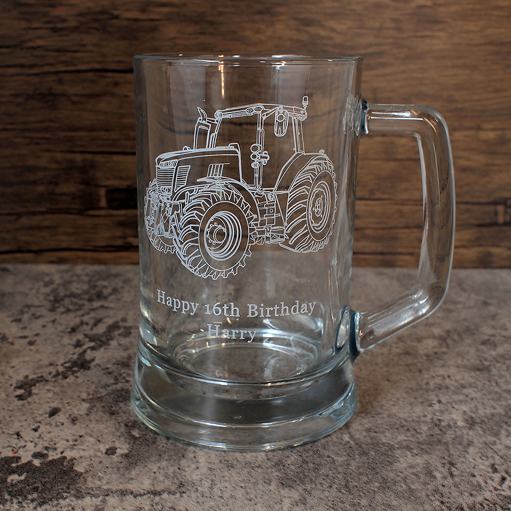 16th Birthday Glass Tankard engraved with our Tractor artwork