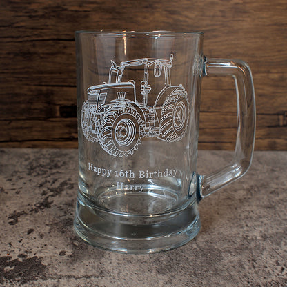 16th Birthday Glass Tankard engraved with our Tractor artwork