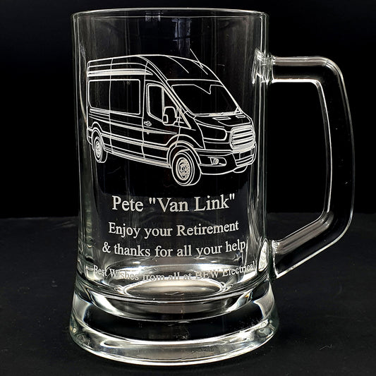 Transit Van artwork engraved on a retirement tankard