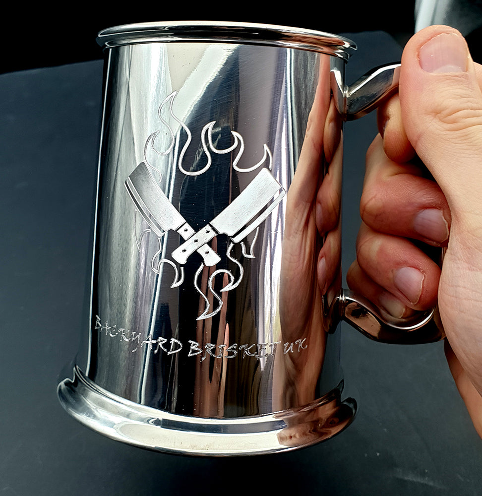 Engraved pewter tankard with chef knives logo and name.
