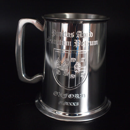 Pewter Tankard with Latin text and Crest engraved in old english font.